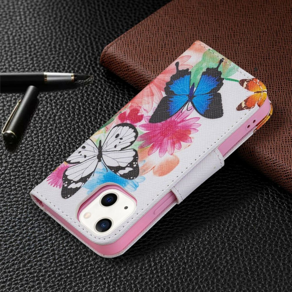 Flipové Pouzdro Na iPhone 13 Mini Malovaní Motýli A Květiny