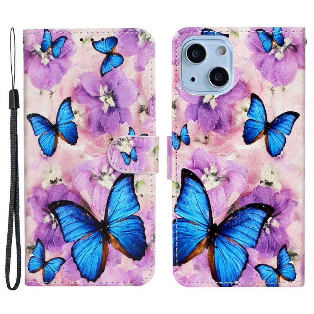 Flipové Pouzdro Na iPhone 13 Mini Modrí Motýli V Květinách