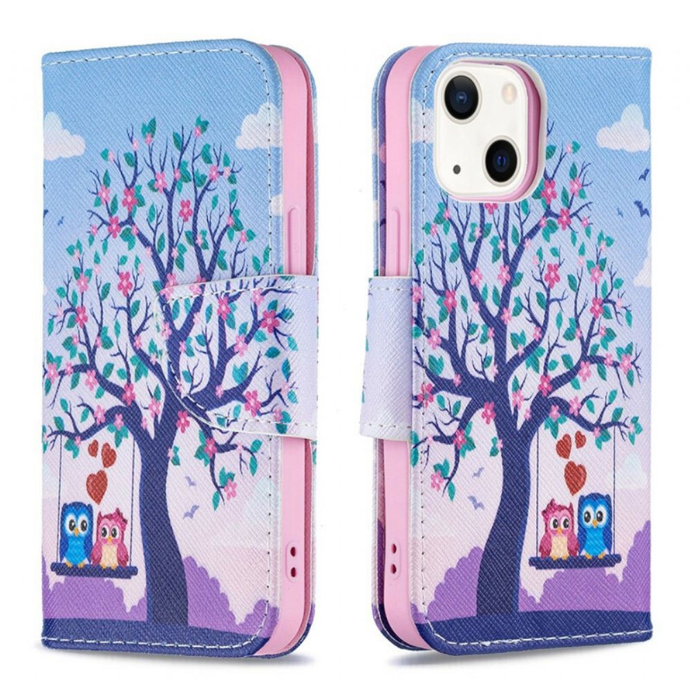 Kožené Pouzdro Na iPhone 13 Mini Sovy Na Houpačce
