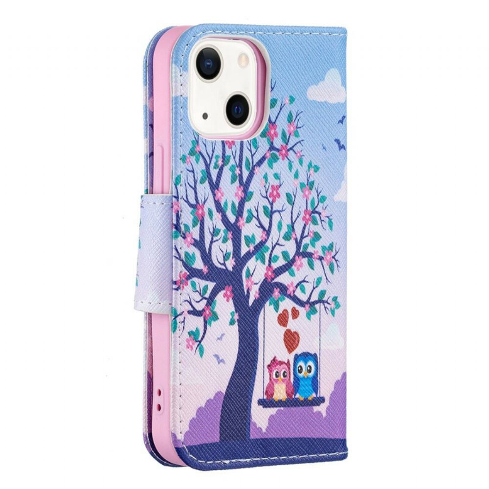 Kožené Pouzdro Na iPhone 13 Mini Sovy Na Houpačce