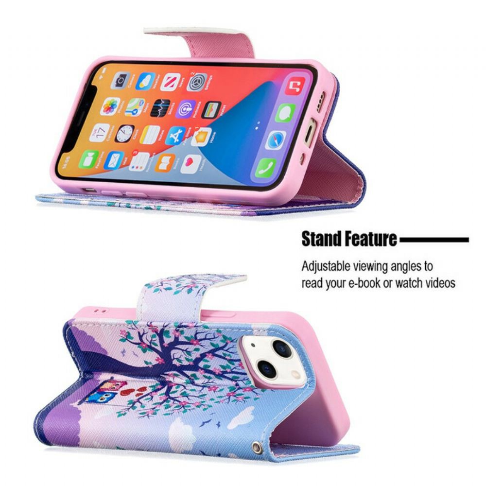 Kožené Pouzdro Na iPhone 13 Mini Sovy Na Houpačce