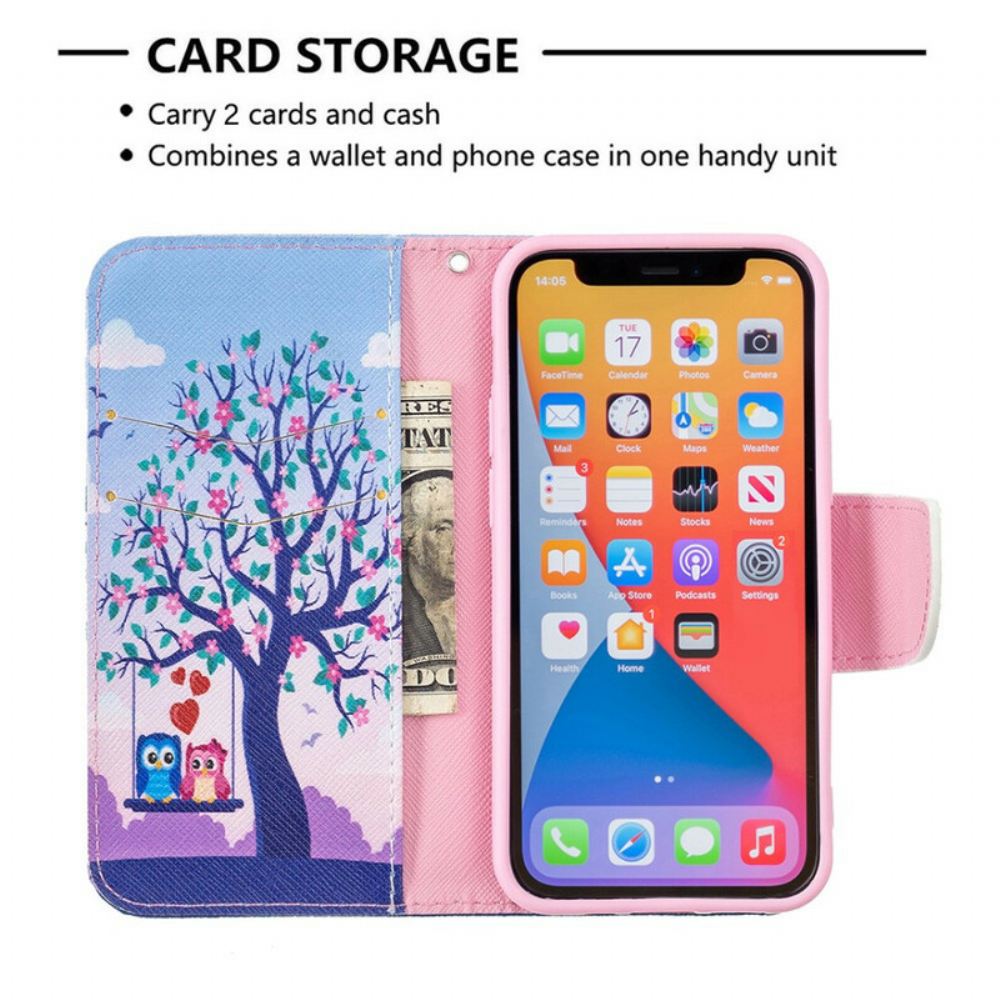 Kožené Pouzdro Na iPhone 13 Mini Sovy Na Houpačce