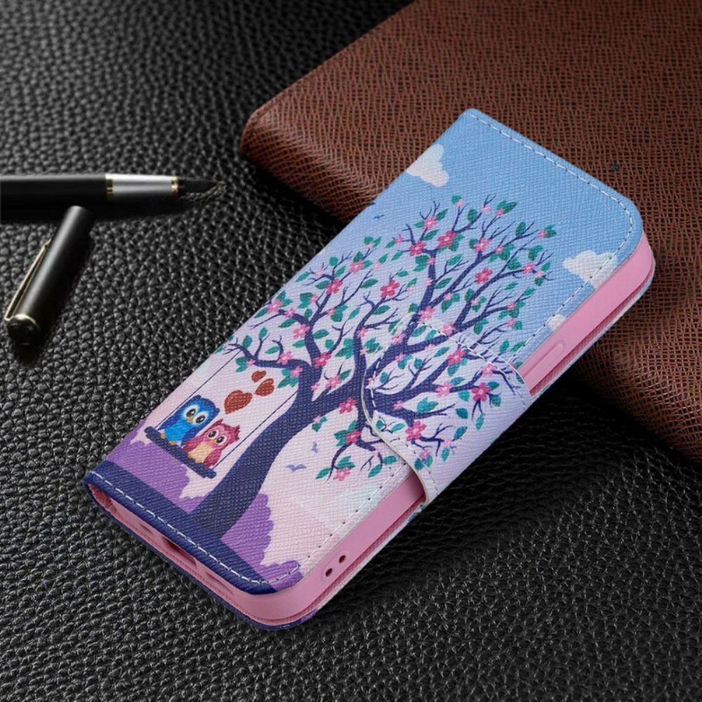 Kožené Pouzdro Na iPhone 13 Mini Sovy Na Houpačce