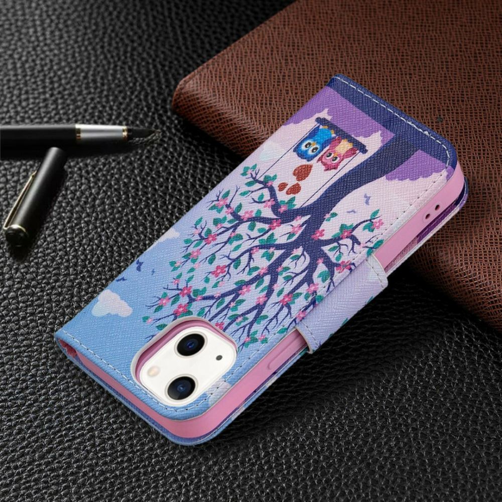 Kožené Pouzdro Na iPhone 13 Mini Sovy Na Houpačce