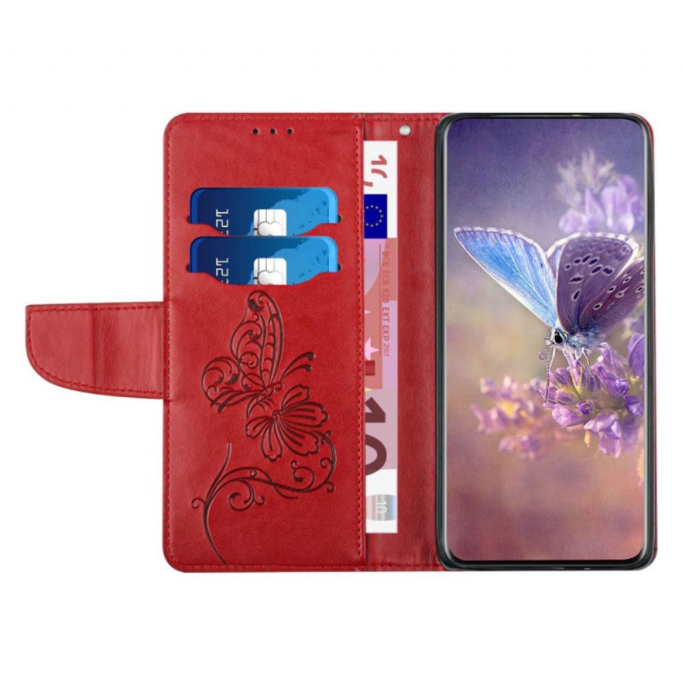 Flipové Pouzdro Na Samsung Galaxy A33 5G Na Lana Dvoubarevný Motýl S Páskem