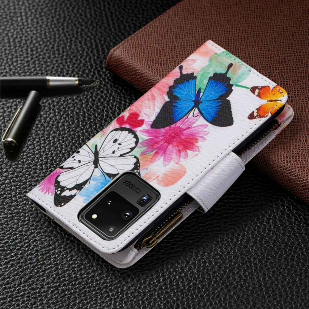 Kožené Pouzdro Na Samsung Galaxy S20 Ultra Kapsa Na Zip S Motýly