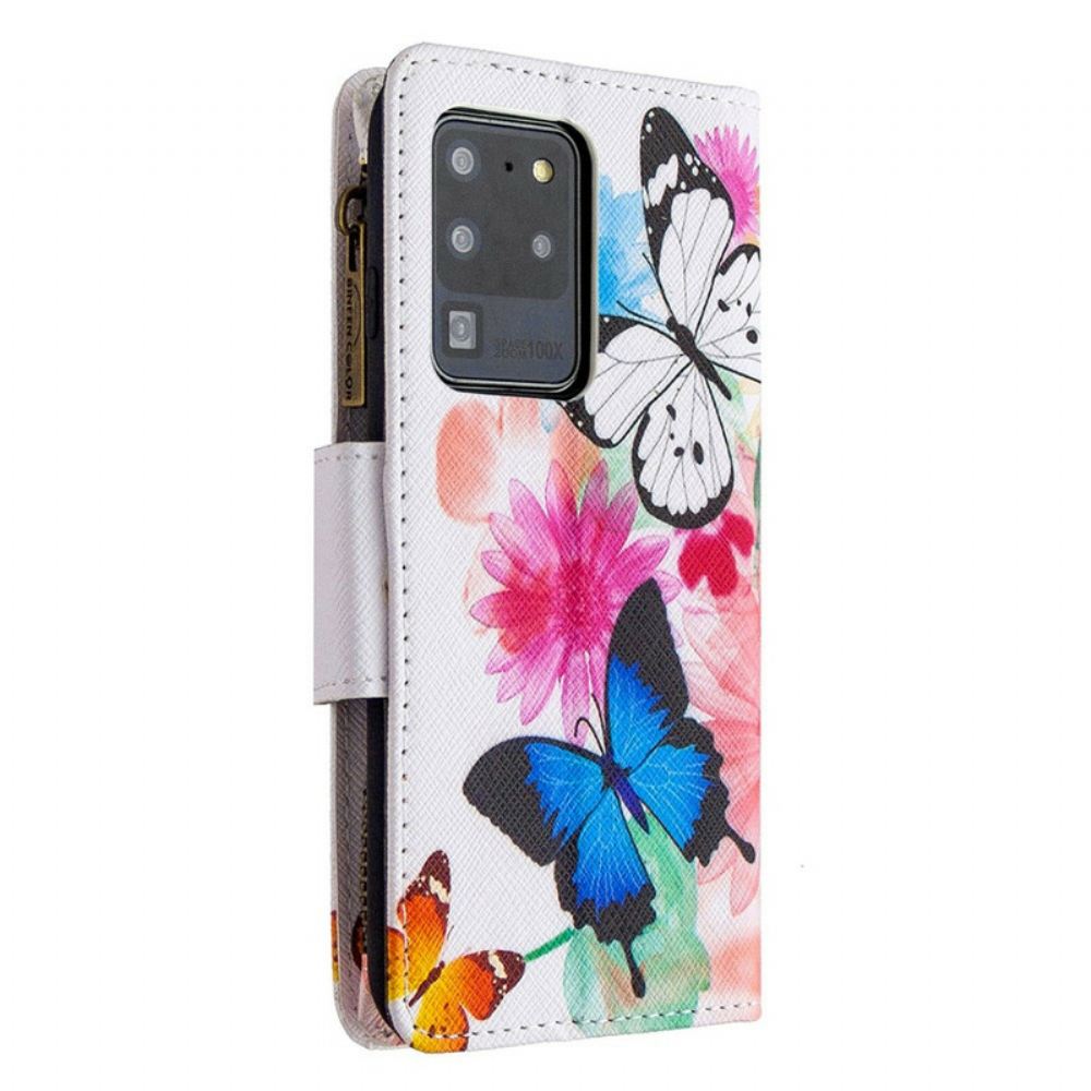 Kožené Pouzdro Na Samsung Galaxy S20 Ultra Kapsa Na Zip S Motýly