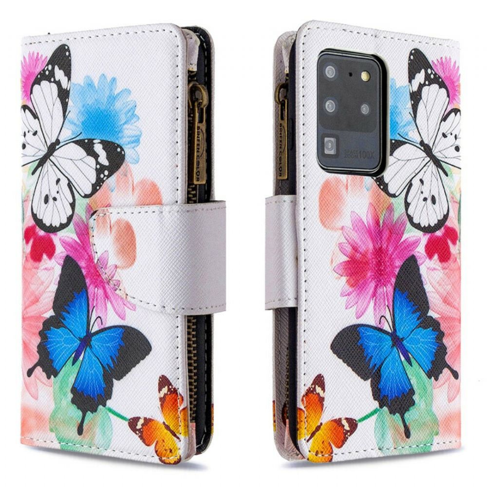 Kožené Pouzdro Na Samsung Galaxy S20 Ultra Kapsa Na Zip S Motýly