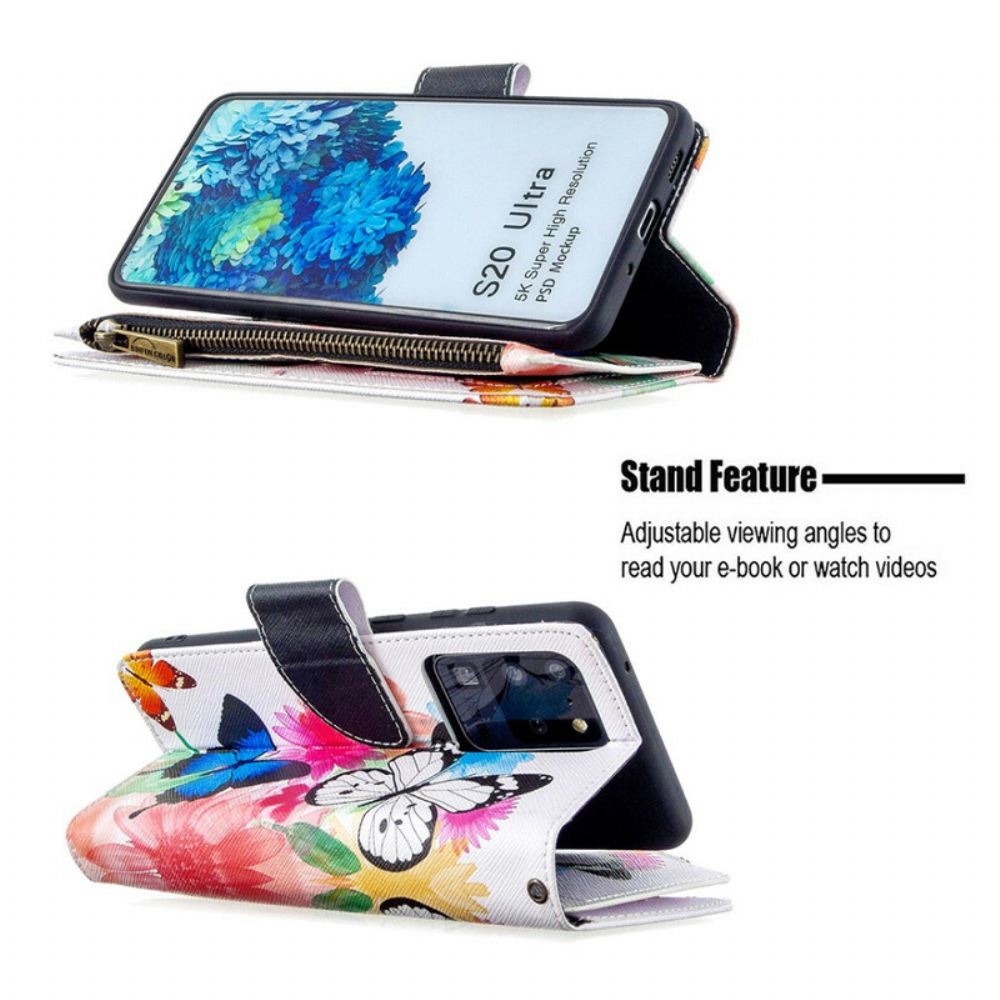 Kožené Pouzdro Na Samsung Galaxy S20 Ultra Kapsa Na Zip S Motýly