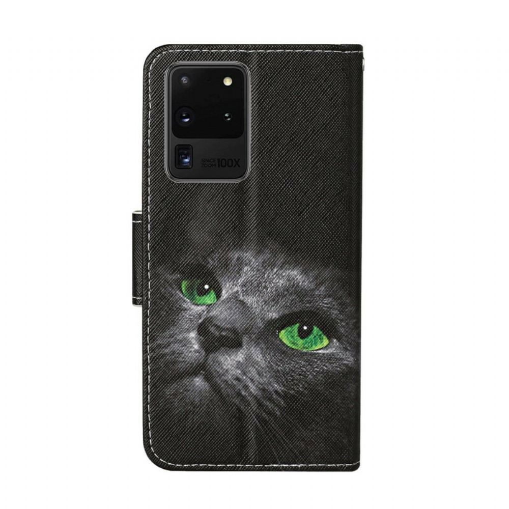 Kožené Pouzdro Na Samsung Galaxy S20 Ultra Kočka Se Zelenýma Očima Se Šňůrkou