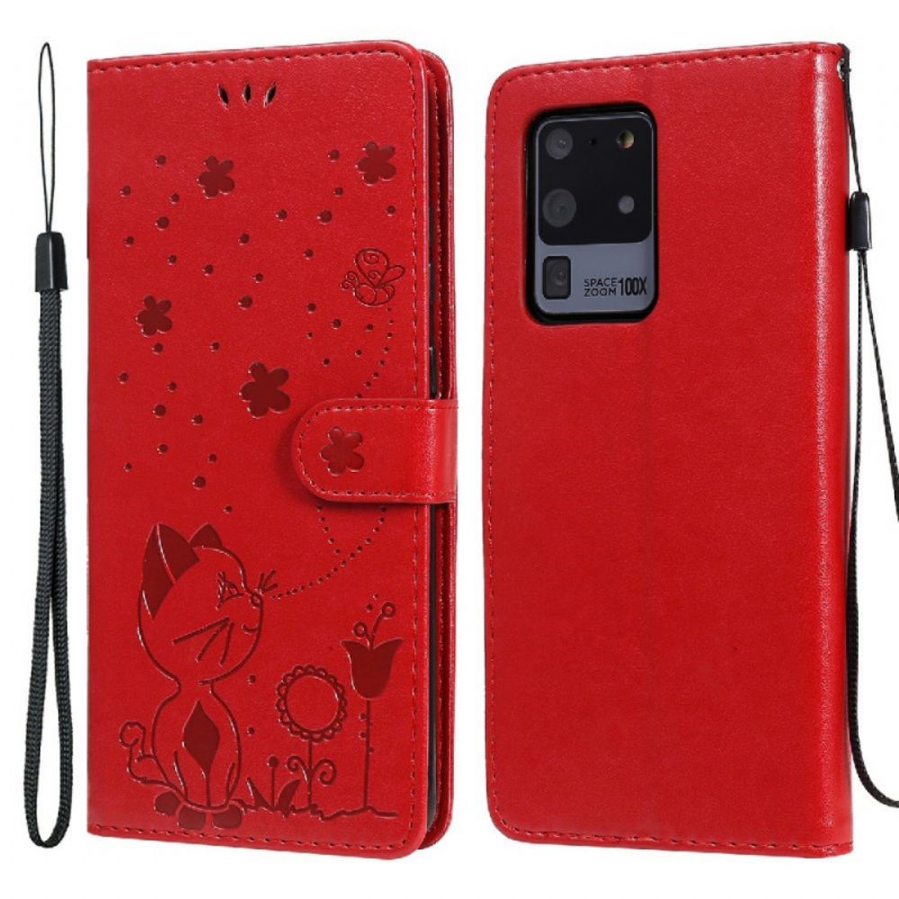 Kožené Pouzdro Na Samsung Galaxy S20 Ultra Na Lana Kočka A Včela S Popruhem