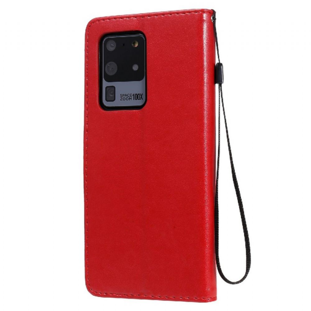 Kožené Pouzdro Na Samsung Galaxy S20 Ultra Na Lana Kočka A Včela S Popruhem