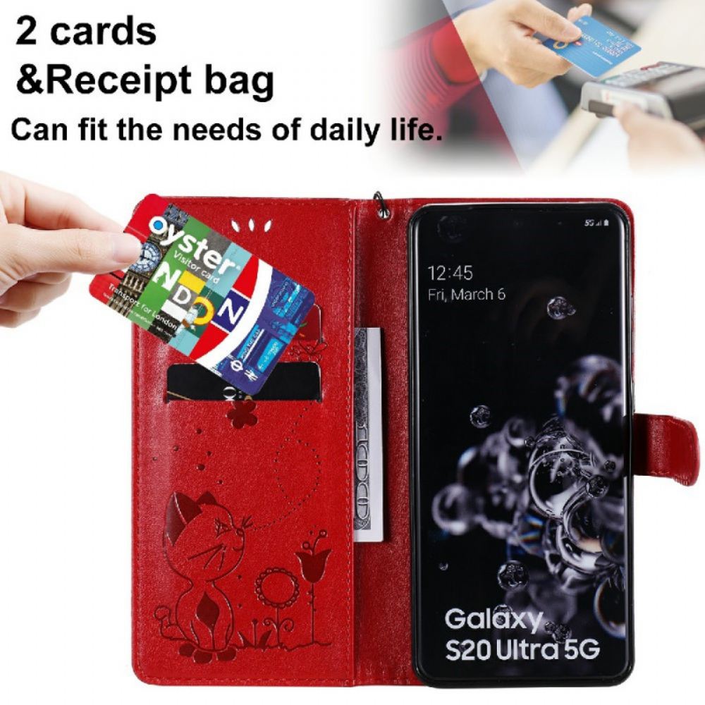 Kožené Pouzdro Na Samsung Galaxy S20 Ultra Na Lana Kočka A Včela S Popruhem