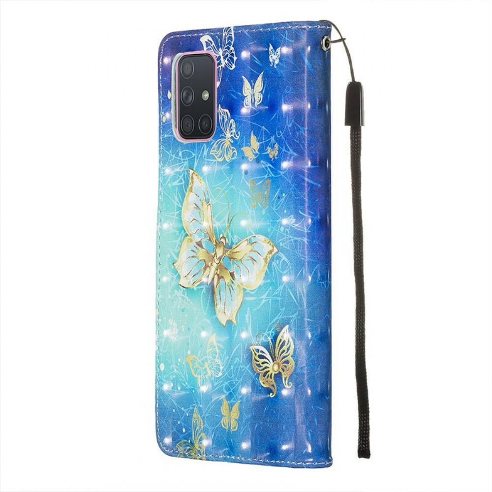 Flipové Pouzdro Na Samsung Galaxy A71 Šňůrka Pro Zlaté Motýly