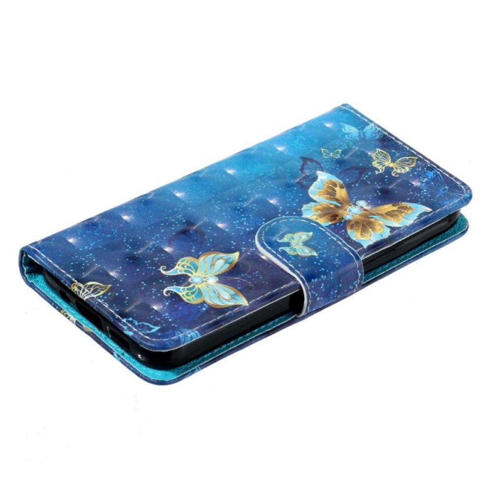 Kožený Kryt Na Xiaomi 14t Pro Modrí A Zlatí Motýli S Páskem