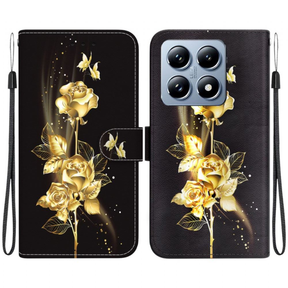 Kožený Kryt Na Xiaomi 14t Pro Zlatí A Růžoví Motýli