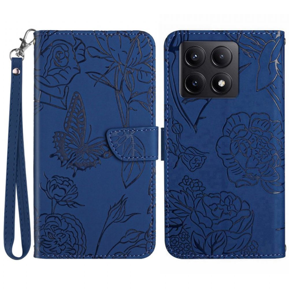 Kožený Kryt Xiaomi 14t Pro Vzor Motýlů A Květin S Popruhem