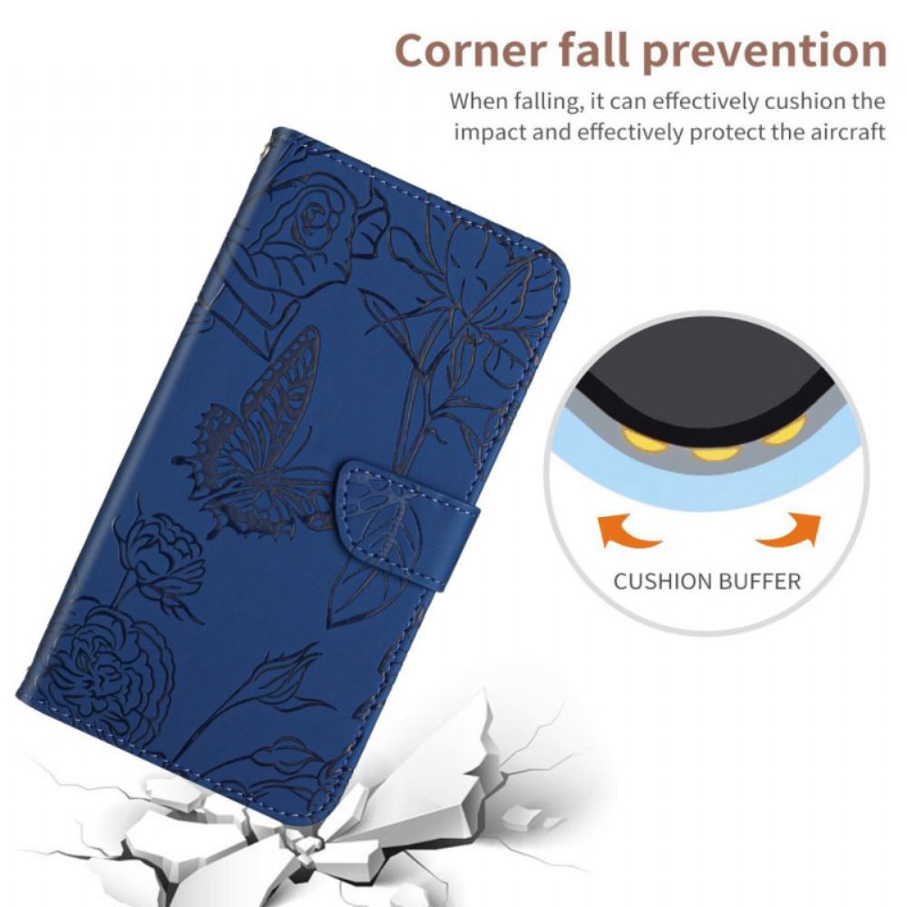 Kožený Kryt Xiaomi 14t Pro Vzor Motýlů A Květin S Popruhem