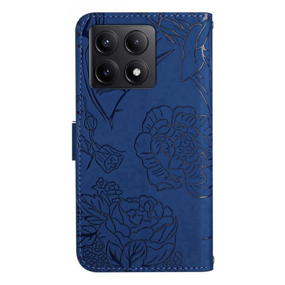 Kožený Kryt Xiaomi 14t Pro Vzor Motýlů A Květin S Popruhem