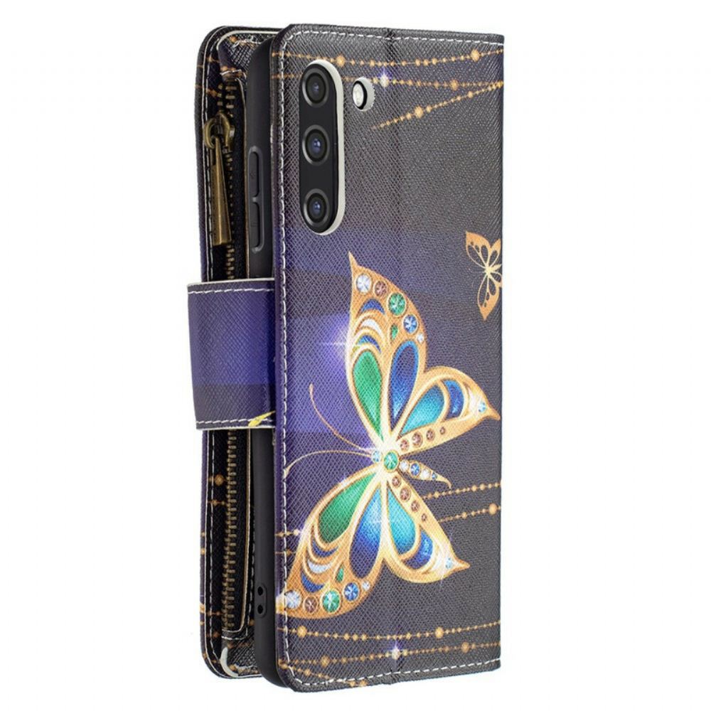 Flipové Pouzdro Na Samsung Galaxy S21 FE Kapsa Na Zip S Motýly