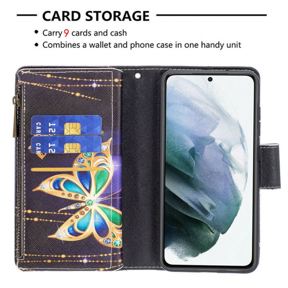 Flipové Pouzdro Na Samsung Galaxy S21 FE Kapsa Na Zip S Motýly