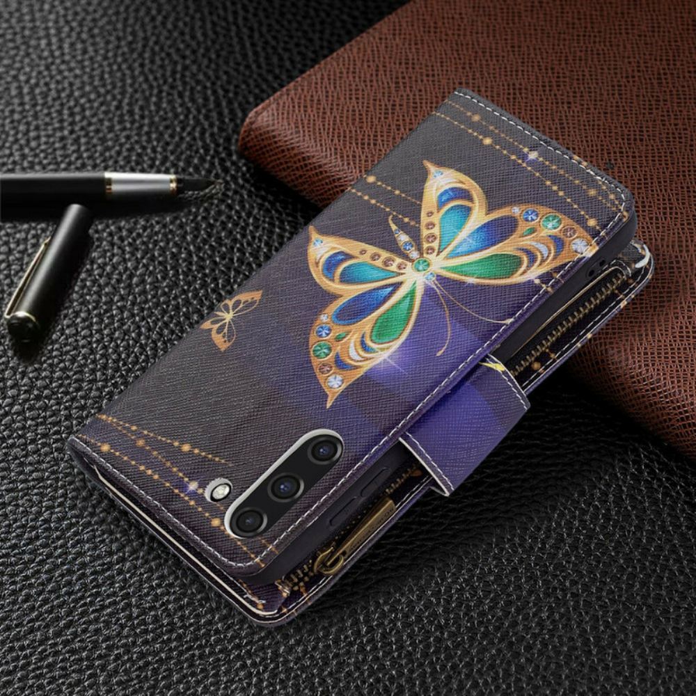 Flipové Pouzdro Na Samsung Galaxy S21 FE Kapsa Na Zip S Motýly
