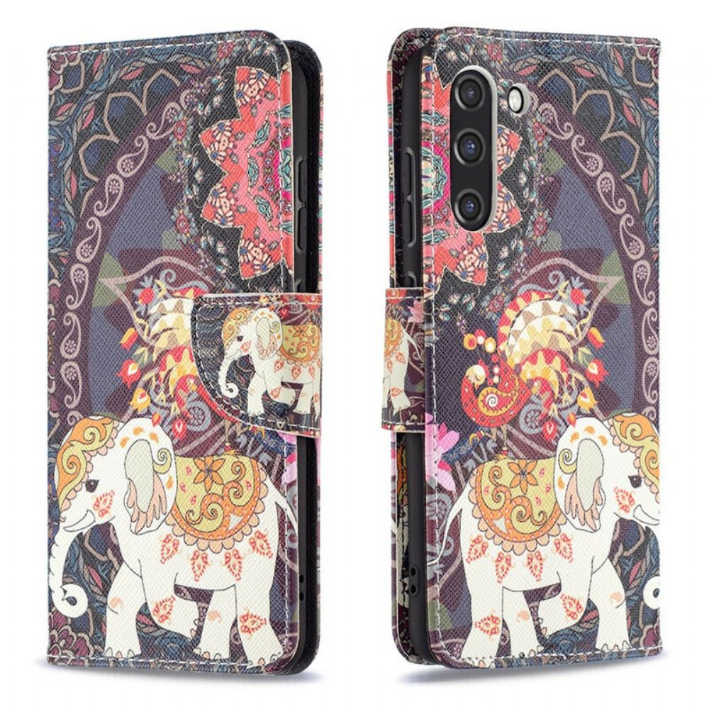 Kožené Pouzdro Na Samsung Galaxy S21 FE Mandala Etničtí Sloni
