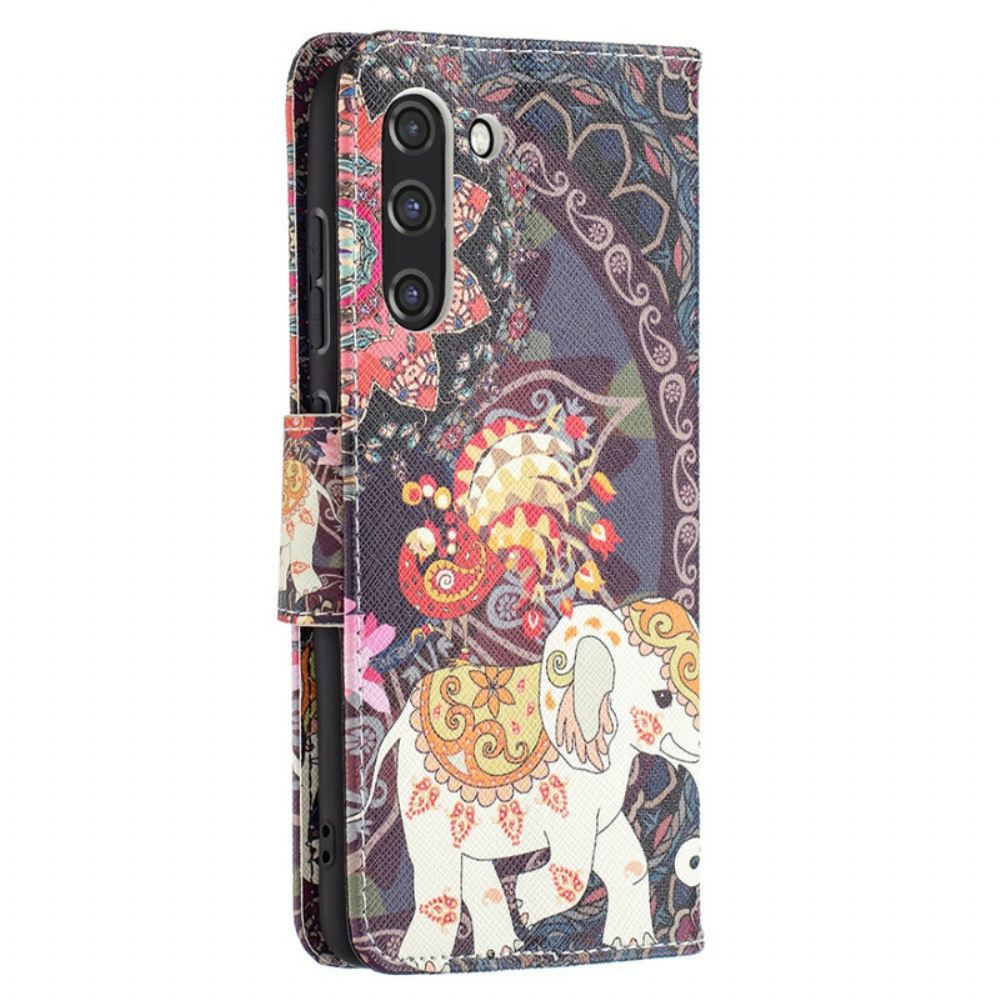 Kožené Pouzdro Na Samsung Galaxy S21 FE Mandala Etničtí Sloni