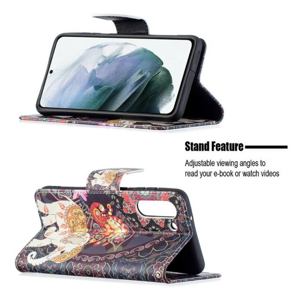 Kožené Pouzdro Na Samsung Galaxy S21 FE Mandala Etničtí Sloni