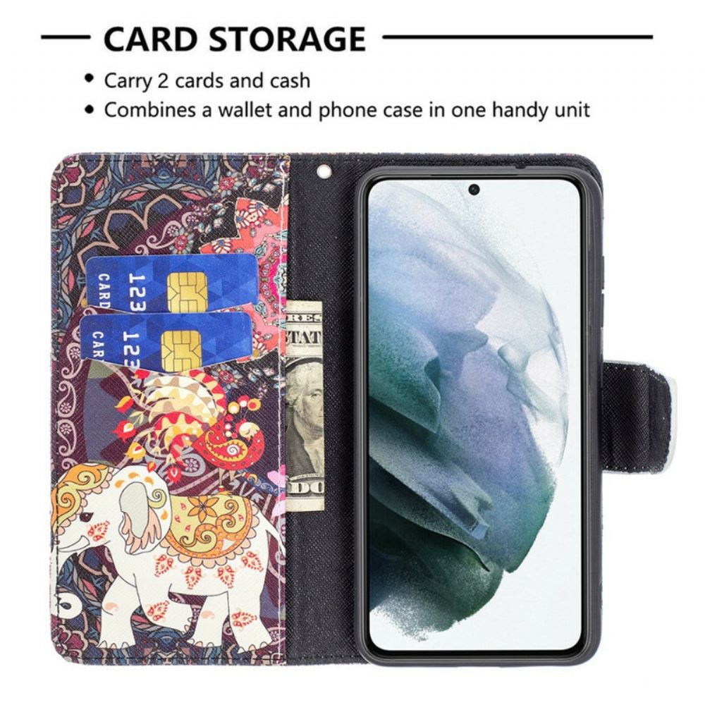 Kožené Pouzdro Na Samsung Galaxy S21 FE Mandala Etničtí Sloni