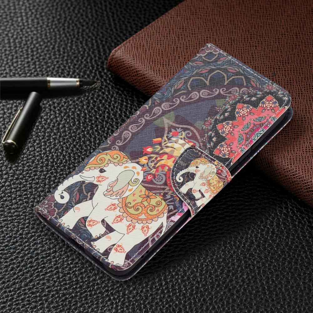Kožené Pouzdro Na Samsung Galaxy S21 FE Mandala Etničtí Sloni