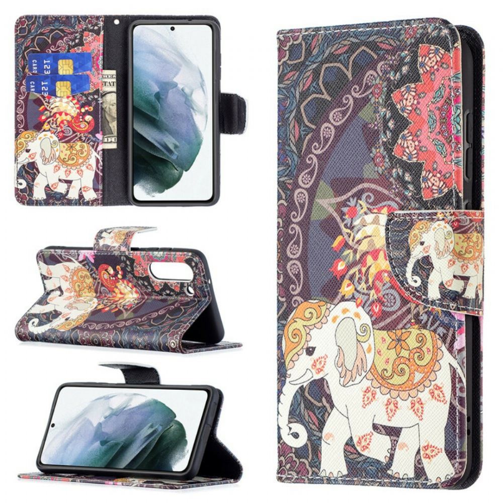 Kožené Pouzdro Na Samsung Galaxy S21 FE Mandala Etničtí Sloni
