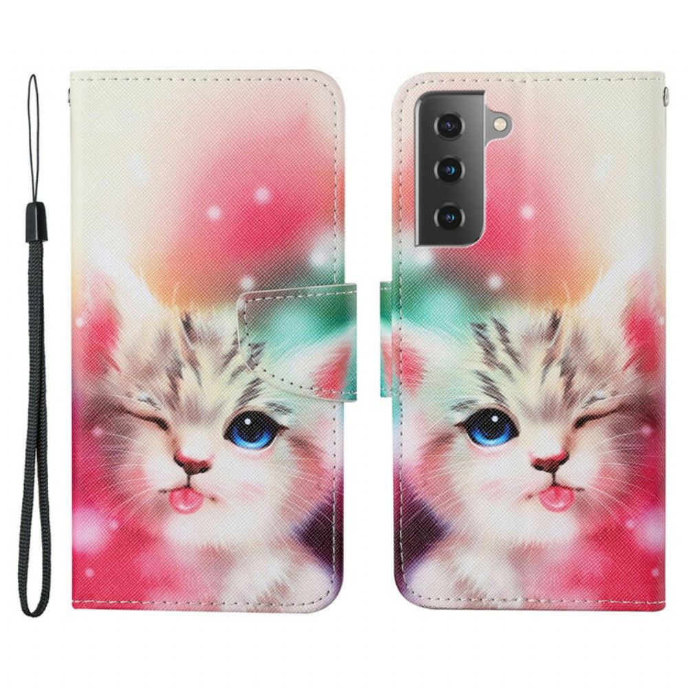 Kožené Pouzdro Na Samsung Galaxy S21 FE Příběhy Koček S Lanyardem