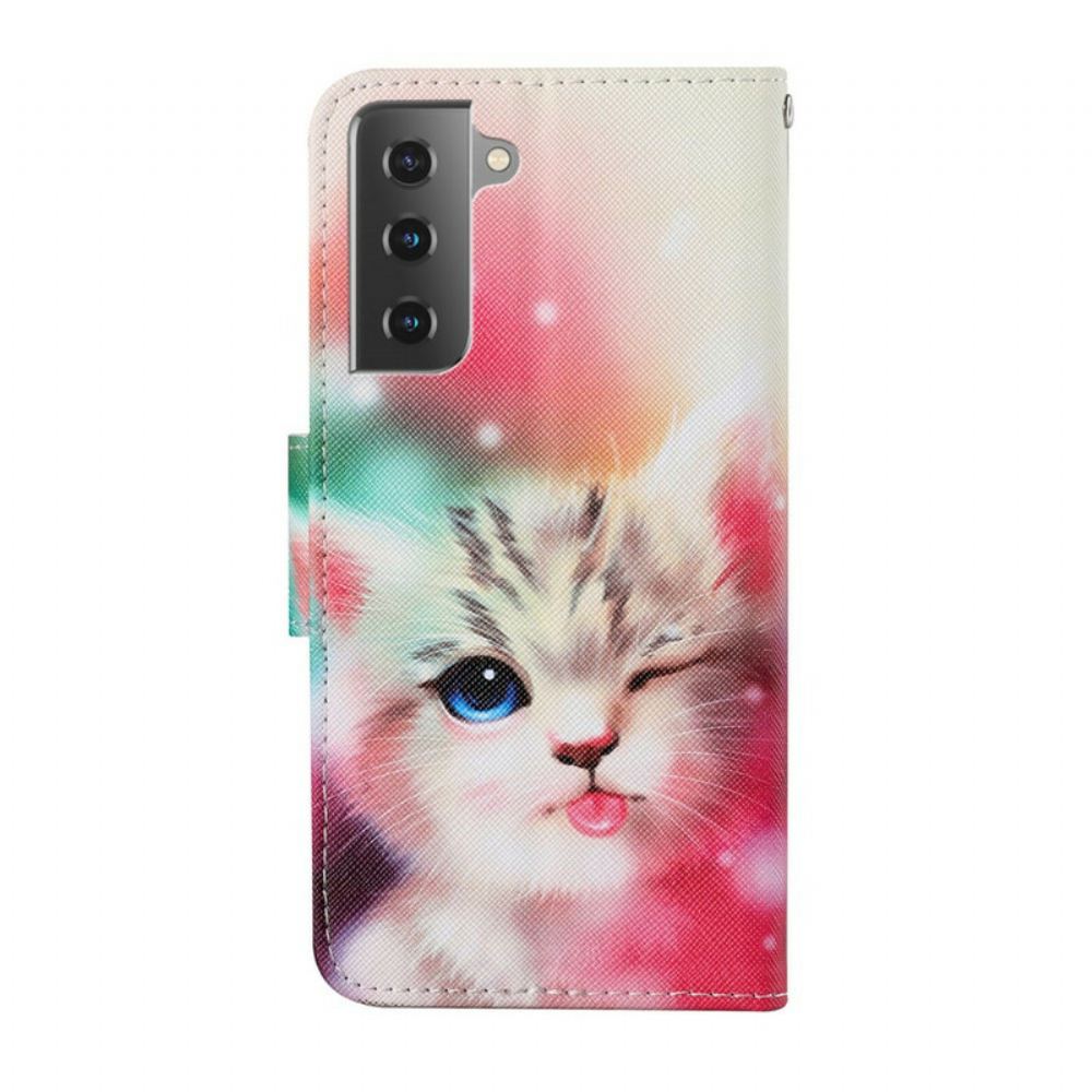 Kožené Pouzdro Na Samsung Galaxy S21 FE Příběhy Koček S Lanyardem