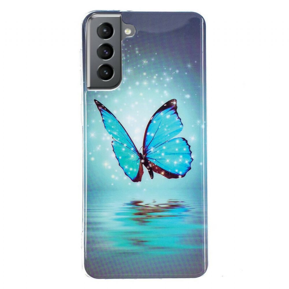 Kryt Na Samsung Galaxy S21 FE Fluorescenční Modrý Motýl