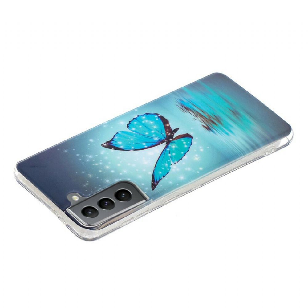 Kryt Na Samsung Galaxy S21 FE Fluorescenční Modrý Motýl