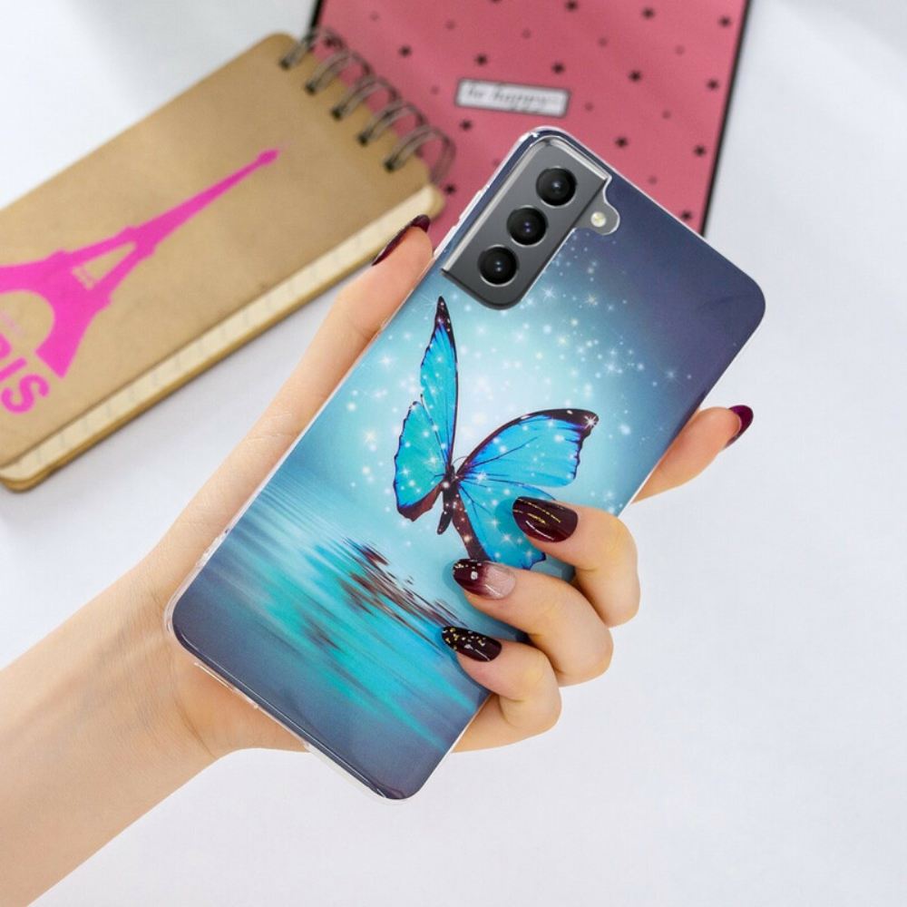 Kryt Na Samsung Galaxy S21 FE Fluorescenční Modrý Motýl