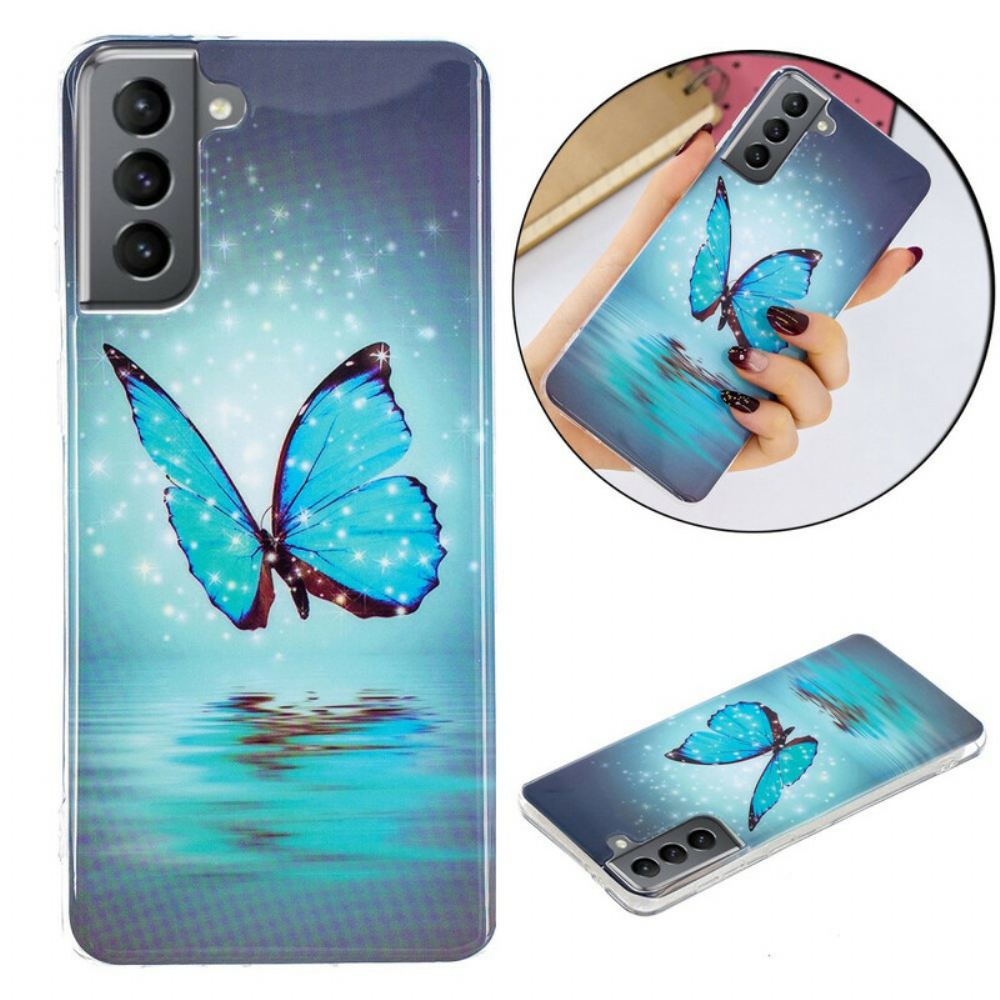 Kryt Na Samsung Galaxy S21 FE Fluorescenční Modrý Motýl