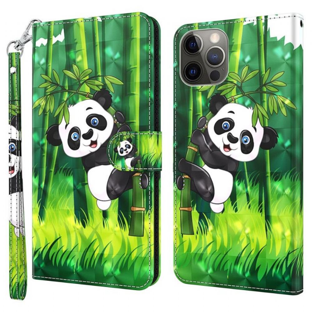 Flipové Pouzdro Na iPhone 15 Pro Max Na Lana 3d Bambusová Panda S Popruhem