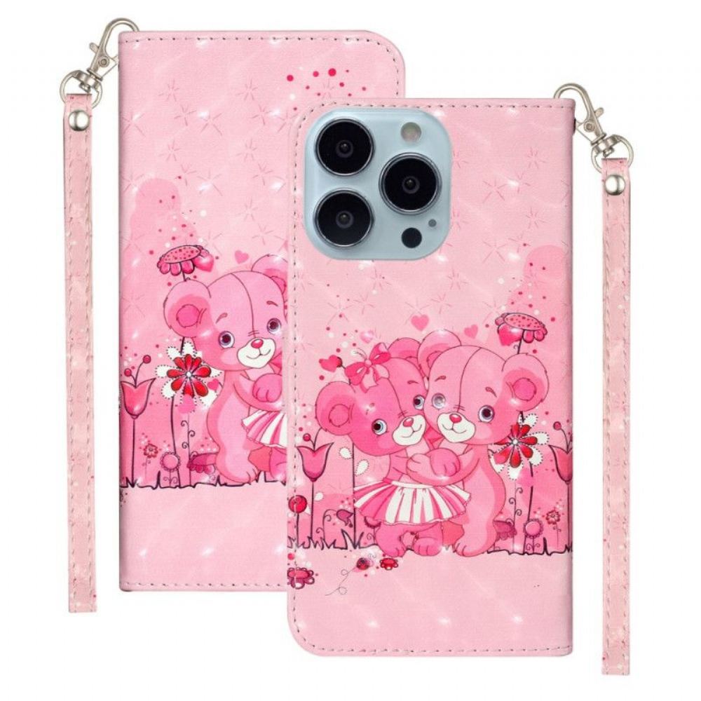 Flipové Pouzdro Na iPhone 15 Pro Max Na Lana 3d Medvídci S Popruhem