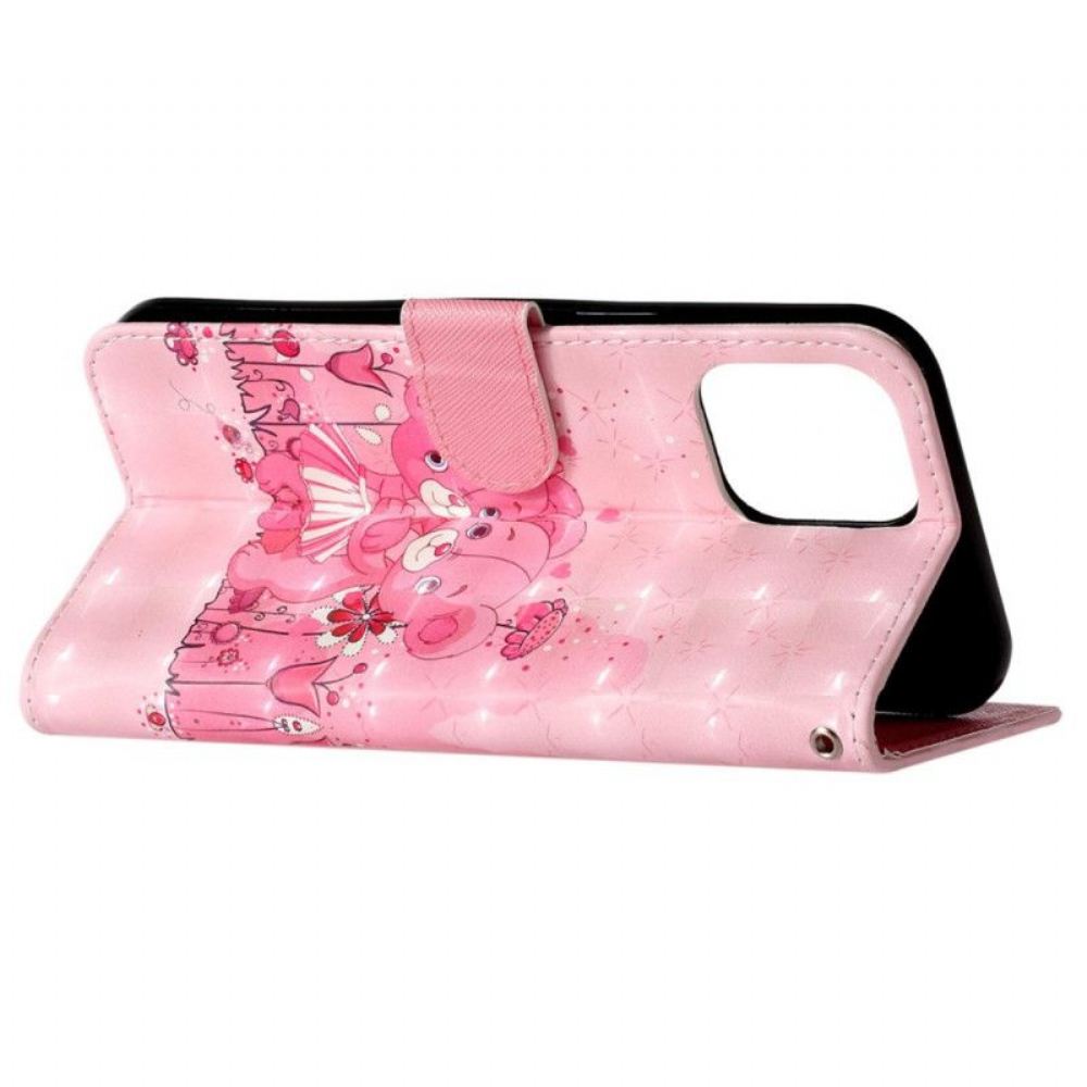 Flipové Pouzdro Na iPhone 15 Pro Max Na Lana 3d Medvídci S Popruhem