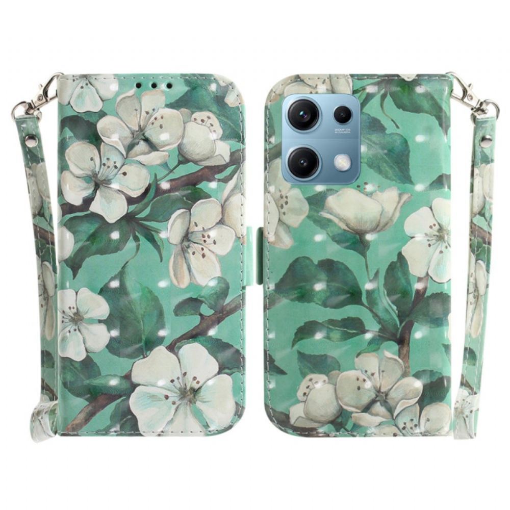 Kožený Kryt Xiaomi Redmi Note 14s Bílé Květy Se Šňůrkou