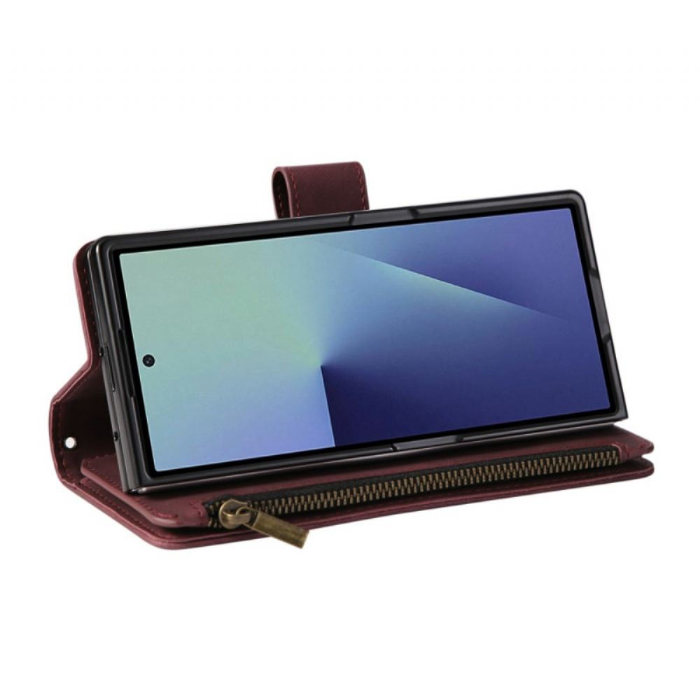 Kožený Kryt Na Samsung Galaxy Z Fold 7 Peněženka S Semišovým Efektem A Ramenním Popruhem