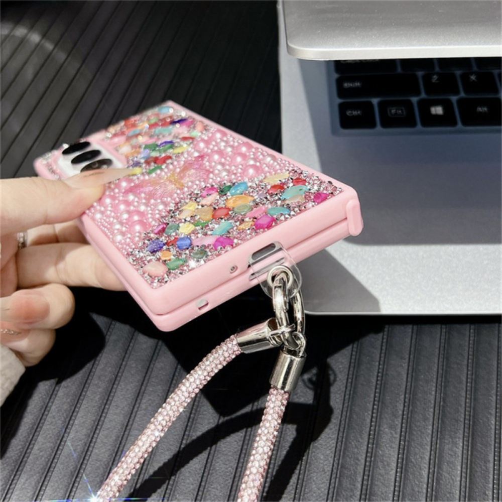 Kryt Samsung Galaxy Z Fold 7 Motýl S Kamínky A Popruhem