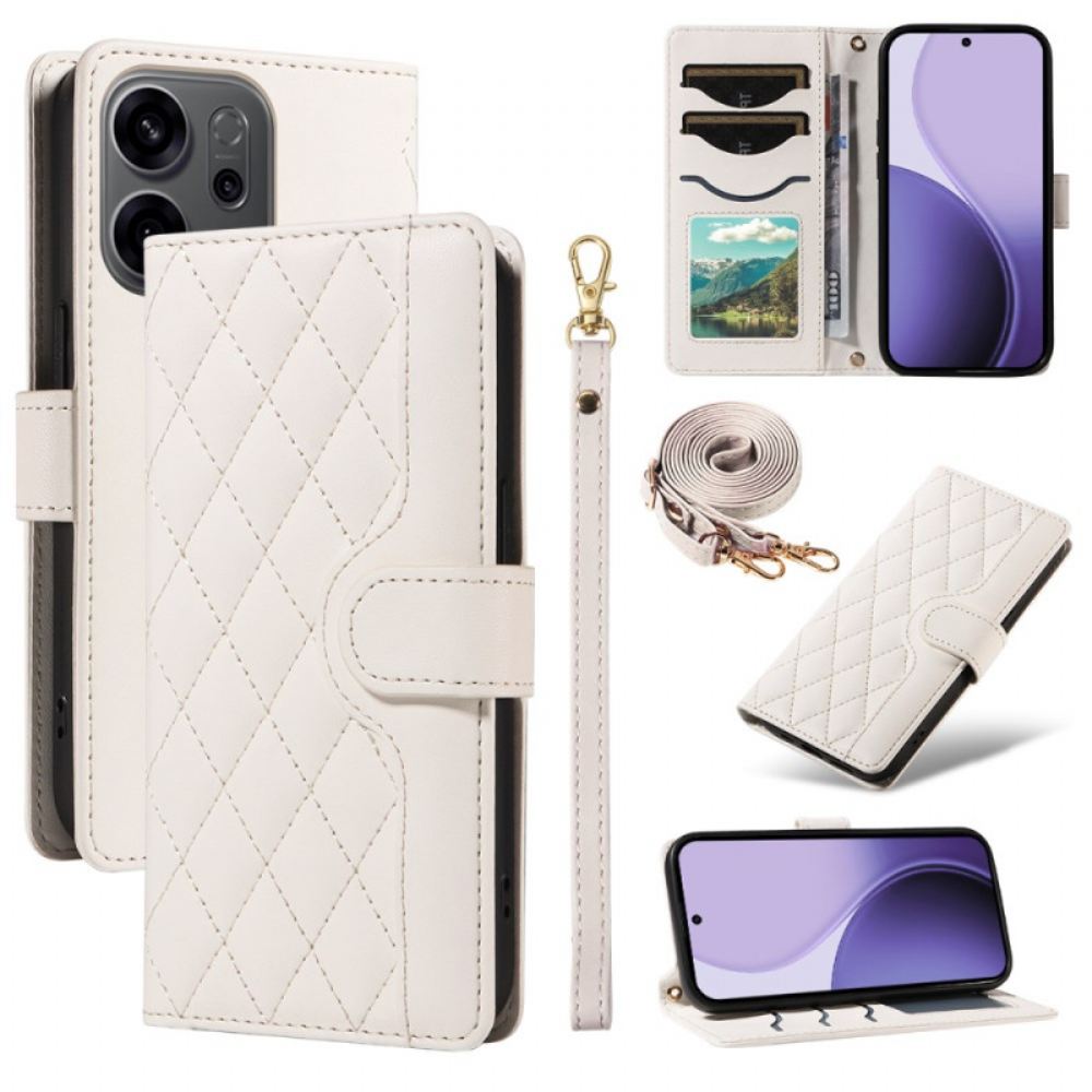 Kožený Kryt Na Oppo Reno 14f 5g Prošívané S Popruhem A Ramenním Popruhem