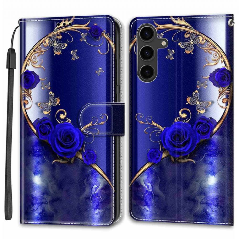 Kožený Kryt Na Samsung Galaxy S24 5g Modré Růže A Zlatí Motýli S Popruhem