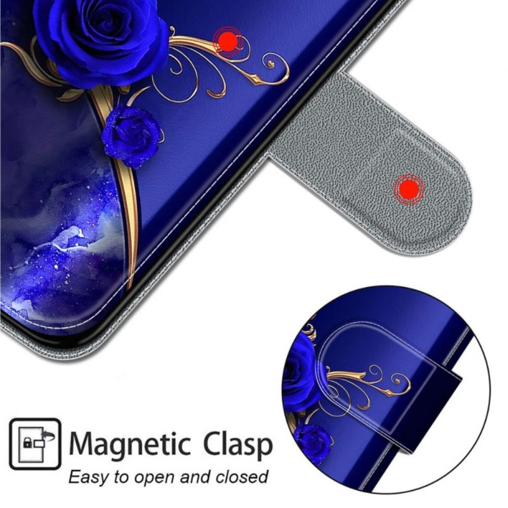Kožený Kryt Na Samsung Galaxy S24 5g Modré Růže A Zlatí Motýli S Popruhem
