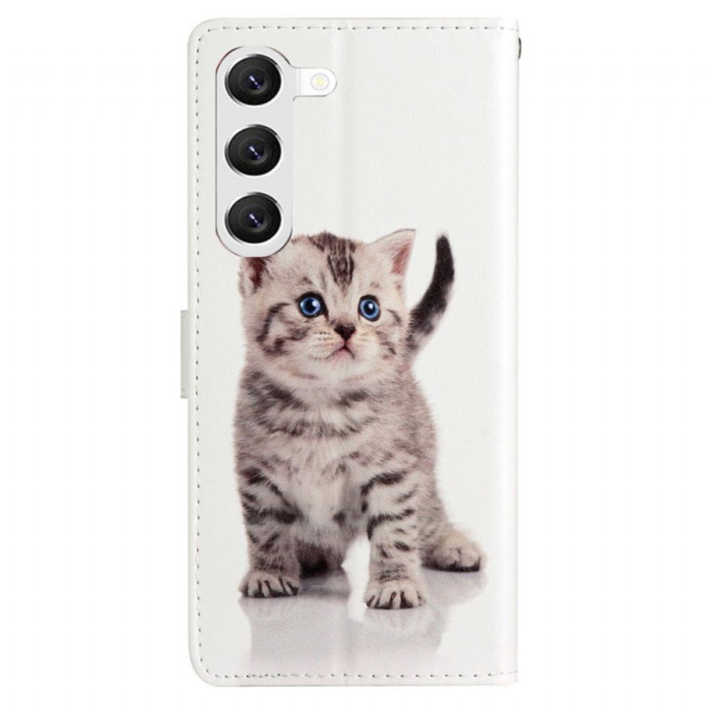 Kožený Kryt Na Samsung Galaxy S24 5g Roztomilá Kočka S Popruhem