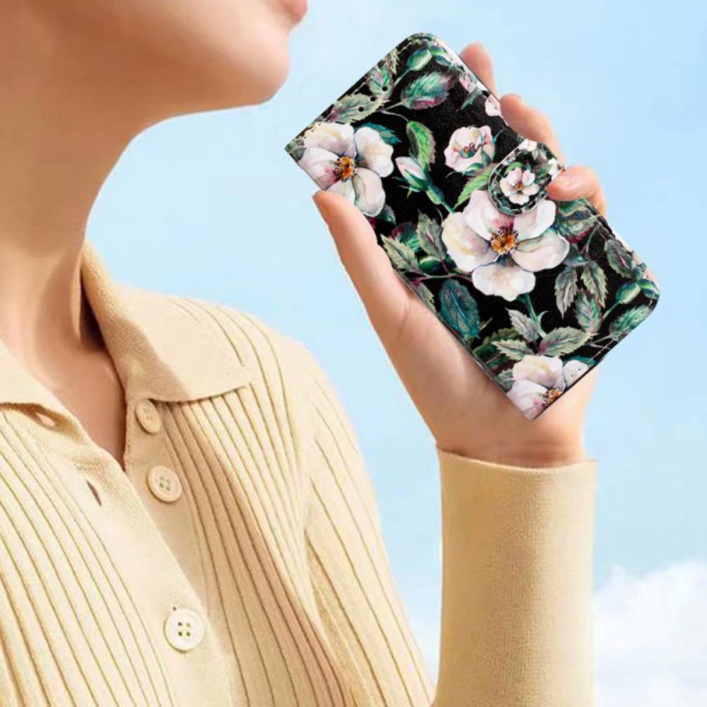 Kožený Kryt Na Samsung Galaxy S24 5g Vzor Magnólie S Popruhem