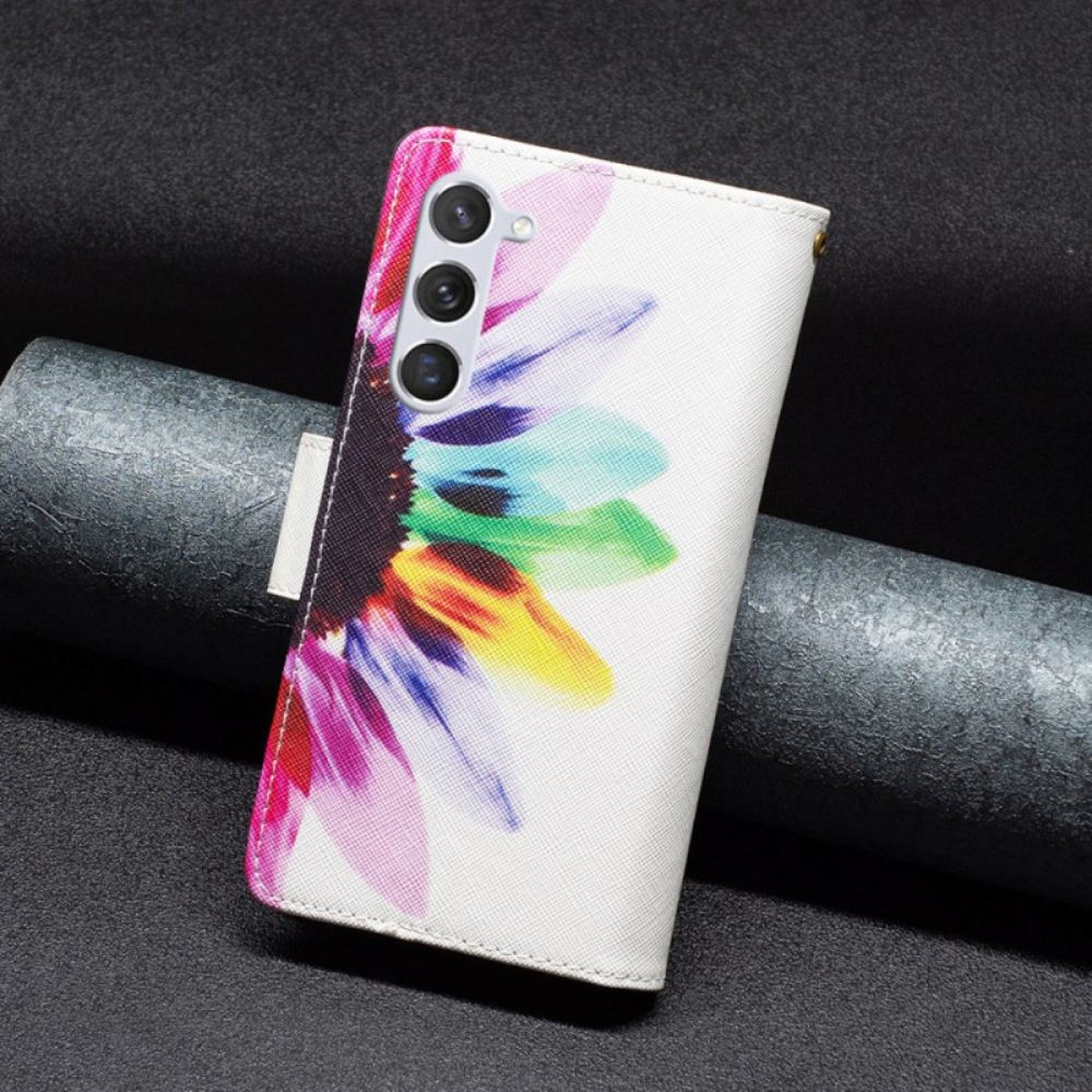 Kožený Kryt Samsung Galaxy S24 5g Akvarelová Květinová Peněženka S Popruhem